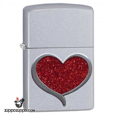 Zippo satin ốp nổi men đỏ hình trái tim